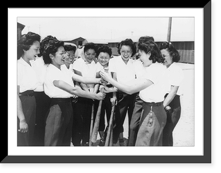 Historic Framed Print, [Girls of Japanese ancestry playing softball at war relocation authority center, Manzanar, California: Ritsuko Masuda and Marion Fujii with hands on bat, before choosing sides],  17-7/8" x 21-7/8"
