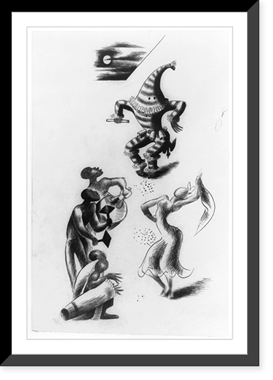 Black musicians, a female dancer and costumed figure under a moon Classic, Historic Print