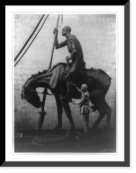 Anna Hyatt Huntington, sculptor, putting final touches on her equestrain statue of Don Quixote.Joli photographers, Antique Print