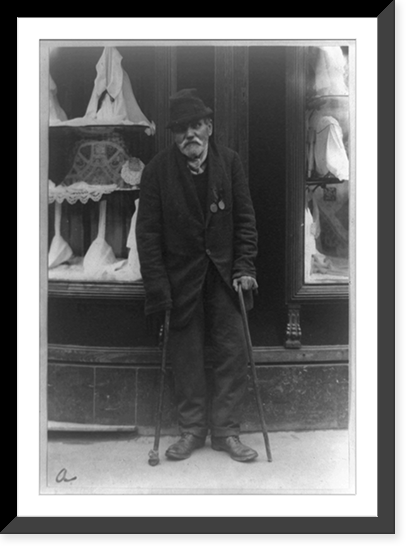 Disabled veteran(?), standing with two canes, Vienna, Austria, with two medals pinned to chest, Antique Wall Art