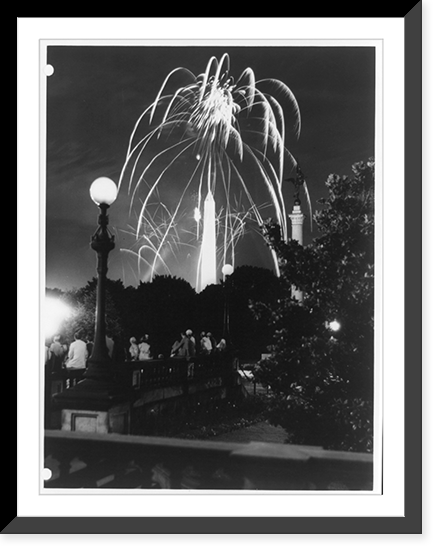 Fireworks over the Washington Monument, with group of people on bridge in foreground, Historic Reproduction
