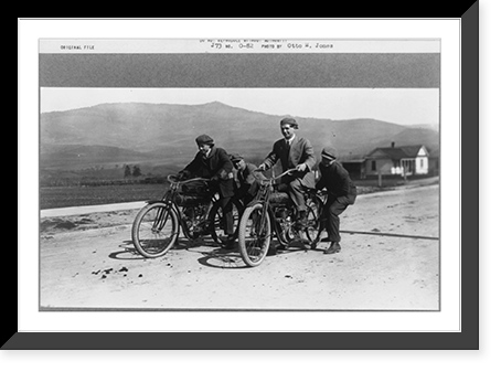 Two men on motorcycles at the start of a race with two men supporting the motorcycles, near Boise, Idaho, Vintage Poster