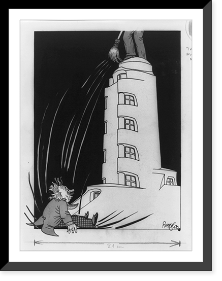 Caricature of Albert Einstein seated at the base of the Einsteinturm which is being swept clean of the association to Einstein.Seppla, Vintage Poster
