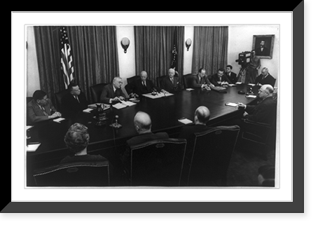 President Eisenhower and cabinet members listening to a report on the recent European conference from Secretary of State John Foster Dulles Classic, Antique Poster