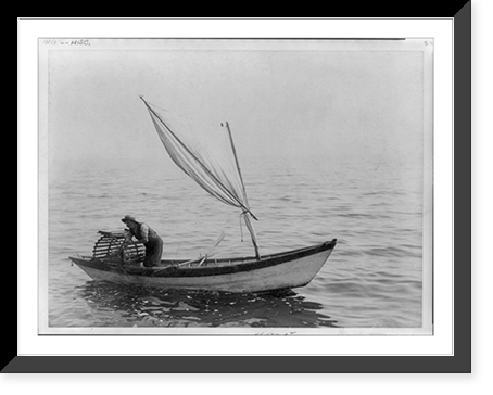 Man in small sailboat fishing for shellfish, Vintage Poster