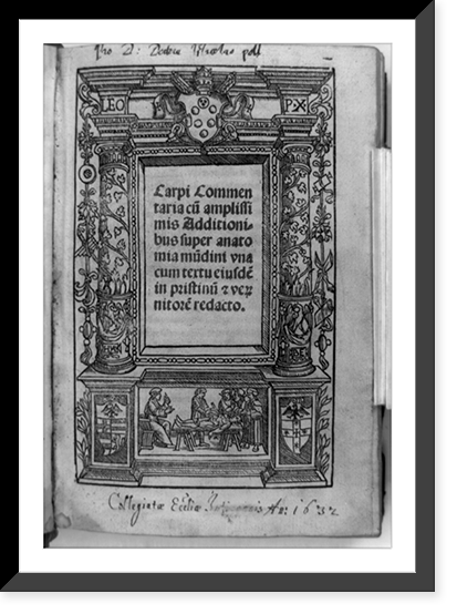 Architectural title page of Commentaria. super anatomia mudini bordered in columns with scene of seated teacher lecturing as assistant dissects cadaver, Antique Print