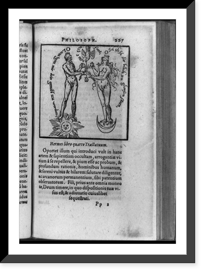 Historic Framed Print, [Symbolic picture in alchemical text showing crowned man standing on sun and crowned woman standing on moon joining flowers with descending dove, which represents marriage and the union of two substances],  17-7/8" x 21-7/8"