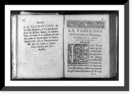 Apology by author, la table desmerade d'Hermes Trimegiste, father of philosophy, and portrait in decorated initial L, Antique Print