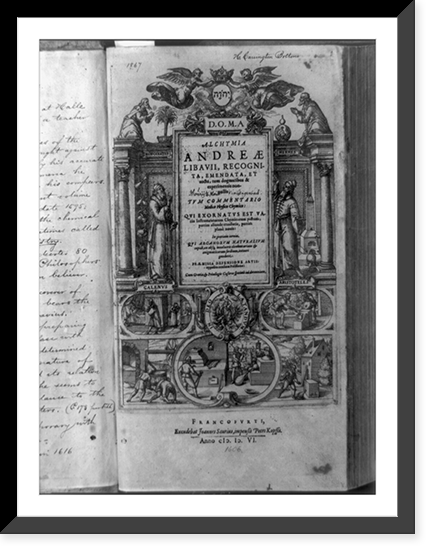 Title page of Alchymia, with figures of Galen and Aristotle, and scenes depicting alchemy, Antique Print