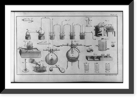 Scientific apparatus used by Lavoisier in studying chemical reactions in combustion of substances, including mercury, top right.Paulze Lavoisier, sculpt. Classic, Historic Reproduction