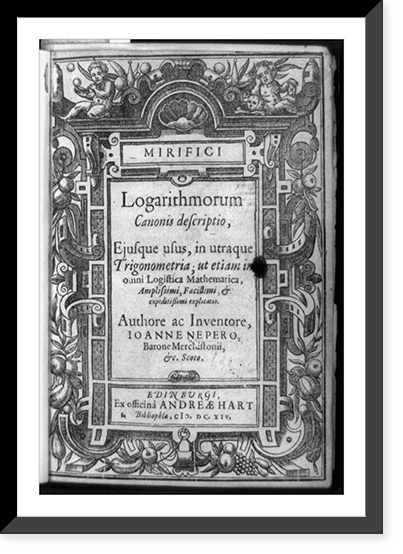 Title page of Mirifice logarithmorum canonis descriptio; with border of fruit and angels, Vintage Print