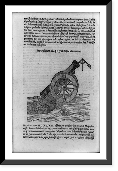Illustration of ballistics showing cannon with Tartaglia's gun quadrant to measure its angle of elevation; and surrounding text, Vintage Print