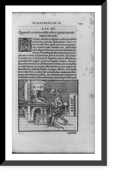 Chapter opening with illustration of man heating and hammering iron bar aligned in north-south orientation to magnetize it, decorated initial H and two cherubs, and surrounding text Antique Wall