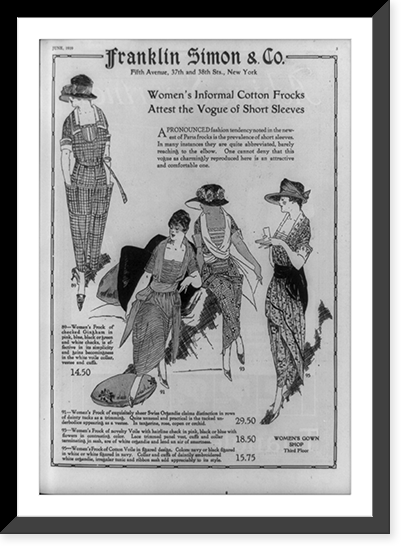 Women's informal cotton frocks attest the vogue of short sleeves, Historic Reproduction