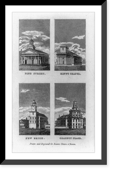 Churches in Boston, Mass.: Pine Street, King's Chapel, News Brick and Chauncy Place, Historic Print