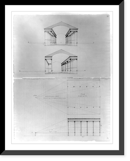 Church interior. Plan, elevation, and perspective sections from different points of view, Antique Poster