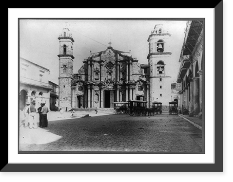 Columbus Cathedral, Havana, Cuba, with horse-drawn wagons and group of men outside Classic, Vintage Wall Art