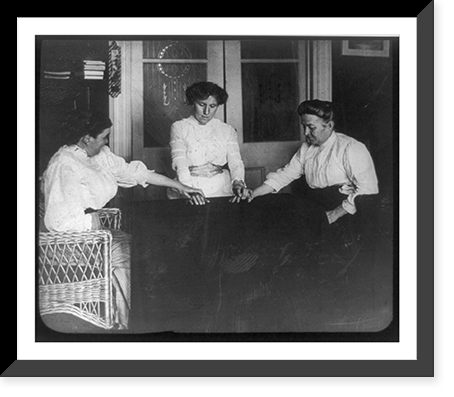 Seance with three women holding hands on table, Antique Wall Art