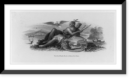 Historic Framed Print, [Proof for bank note vignette showing Indian leaning on emblem of Enterprise" with four deer in river and eagle above].Rawdon,  Wright,  Hatch & Edson,  New York.",  17-7/8" x 21-7/8"