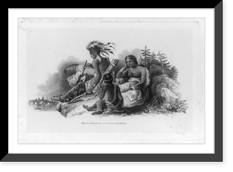 Historic Framed Print, [Proof for bank note vignette showing Indian family seated on cliff overlooking boats on water and city in background].Rawdon, Wright, Hatch & Edson, New York.,  17-7/8" x 21-7/8"