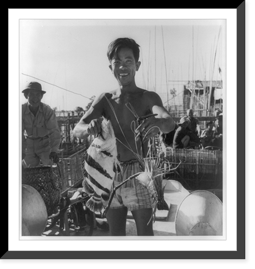 View of a small fishing village and boat on the Tonl&eacute; Sap in the basin of the lower Mekong River, Cambodia Classic, Vintage Wall Art