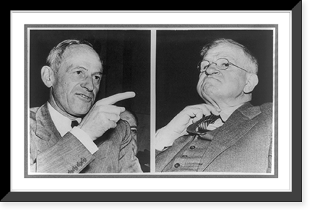 Head-and-shoulders of Senator Millard E. Tydings and Secretary of Interior Harold L. Ickes, with Tydings pointing finger at Ickes, Antique Poster