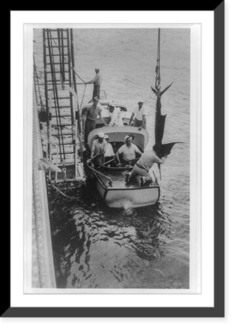 Historic Framed Print, [Franklin D. Roosevelt with seven other men and sailfish on boat during trip to the Everglades],  17-7/8" x 21-7/8"