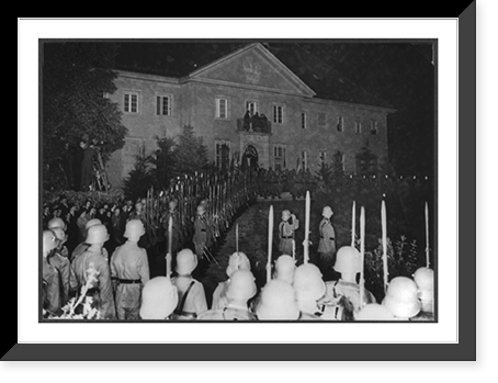 Historic Framed Print, [Military guard and group of people outside Neudeck, the Hindenburg country home, at night, following the death of Paul von Hindenburg,  17-7/8" x 21-7/8"