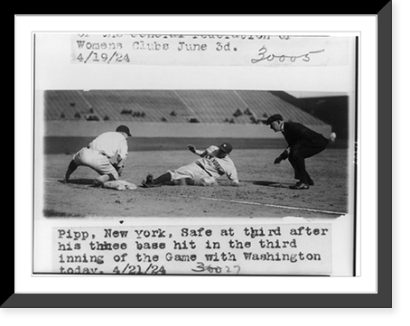 Baseball player Pipp of New York sliding into third base in game with Washington Classic, Antique Wall Art