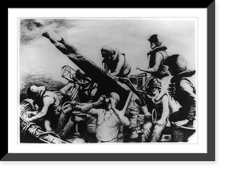 Battery of U.S. Coast Guard soldiers on boat with anti-aircraft gun during invasion of Tarawa in the Gilbert Islands Classic, Historic Reproduction