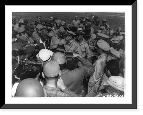 Historic Framed Print, General Douglas MacArthur is met by photographers and reporters on his arrival at Atsugi, Japan,  17-7/8" x 21-7/8"