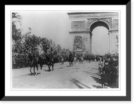 General John J. Pershing leading soldiers on horseback through the Arch of Triumph in World War I victory parade, Paris Classic, Antique Print