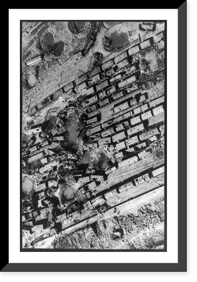 Aerial view of rail yard at Worms, Germany, destroyed by Americans in aerial bombing operations, World War II, Antique Wall Art