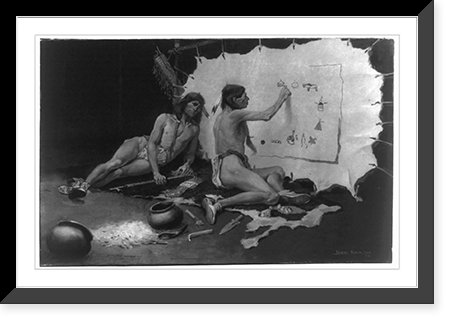 Indian picture writing on hide with another Indian alongside holding peacepipe.Frederic Remington, '89, Vintage Poster