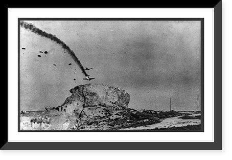 Crete, 1941. A burning German glider plane about to crash during the air borne invasion, Antique Print