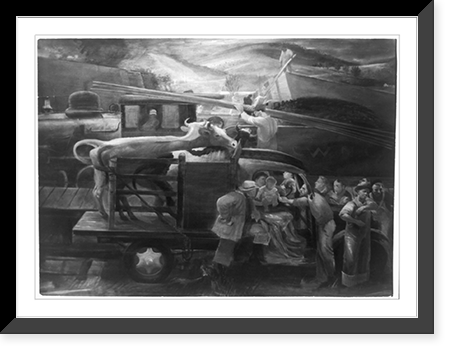 Detail of unfinished mural in post office in Johnson City, Tennessee, showing family sitting in truck loaded with cattle and parked near railroad, Historic Reproduction