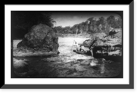 Marine boat threading rapids through huge rocks. One boat has canopy, Nicaragua, Vintage Poster