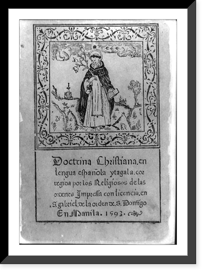 Title p. illus. with Spanish missionary in Philippines standing holding open book and branch, Vintage Wall Art