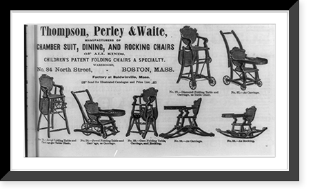 Advertisement for Thomson, Perley & Waite, manufacturers of chamber suite, dining and rocking chairs, with 7 illustrations of folding table-carriage combitations, Antique Print