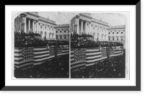 Historic Framed Print, [Chief Justice Morrison R. Waite administering the oath of office to Rutherford B. Hayes on a flag-draped inaugural stand on the east portico of the U.S. Capitol],  17-7/8" x 21-7/8"