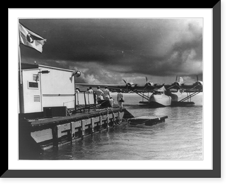 Pan Am seaplane tied to float, Midway Island, N. Pacific, Vintage Print