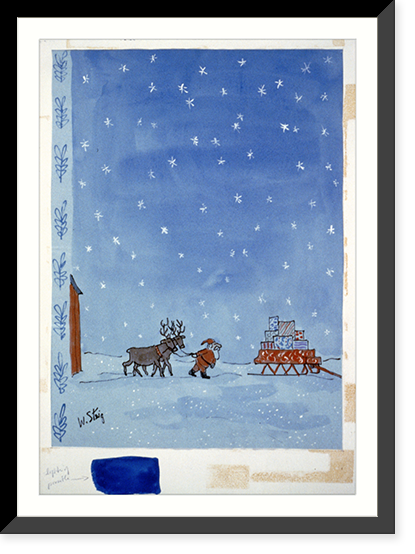 Santa Claus with 2 reindeer walking toward sleigh loaded with gifts, Historic Reproduction