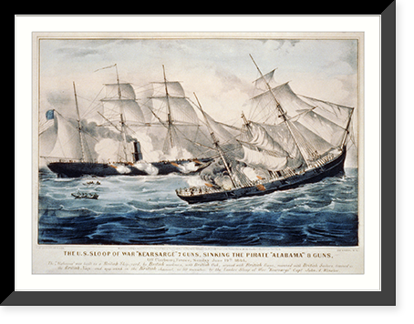 The U.S. sloop of war Kearsarge" 7 guns, sinking the pirate "Alabama" 8 guns: off Cherbourg, France, Sunday June 19th. 1864" - 2 Classic, Antique Print