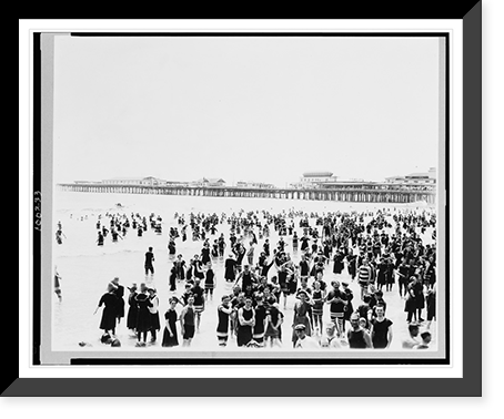 Crowd in ocean with pier in background, Atlantic City, New Jersey Classic, Antique Wall Art