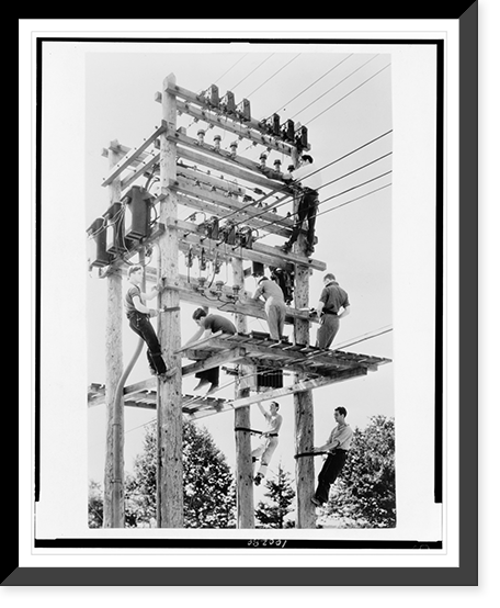 Young men working on telephone poles in Maine as vocational training under the National Youth Administration program, Historic Print