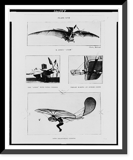 M. Adler's Avion".photo, Malcuit. The "Avion" with wings folded. Wright making an aerial glide. Otto Lilienthal gliding", Antique Poster