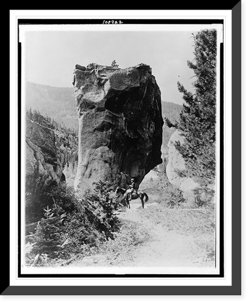 Historic Framed Print, [Man on horseback by butte in Rocky Mountain National Park, Colorado],  17-7/8" x 21-7/8"