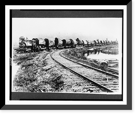 Red wood logs on train on way from forest to mill, Historic Reproduction