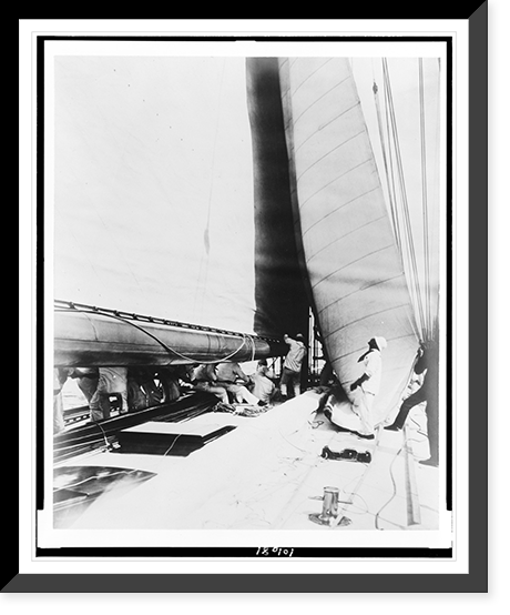 Crew members hoisting sails on board the cutter Reliance Classic, Antique Poster