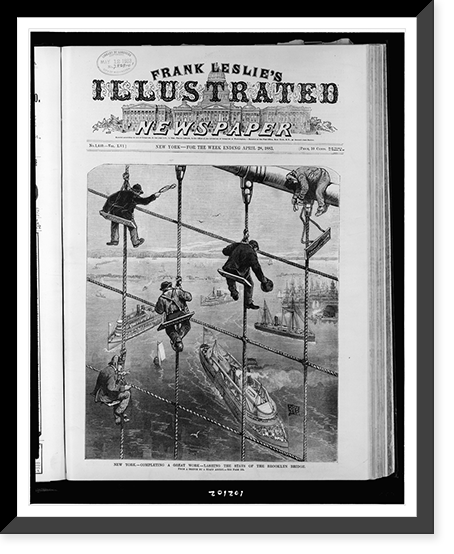 New York. completing a great work. lashing the stays of the Brooklyn Bridge.from a sketch by a staff artist, Vintage Wall Art